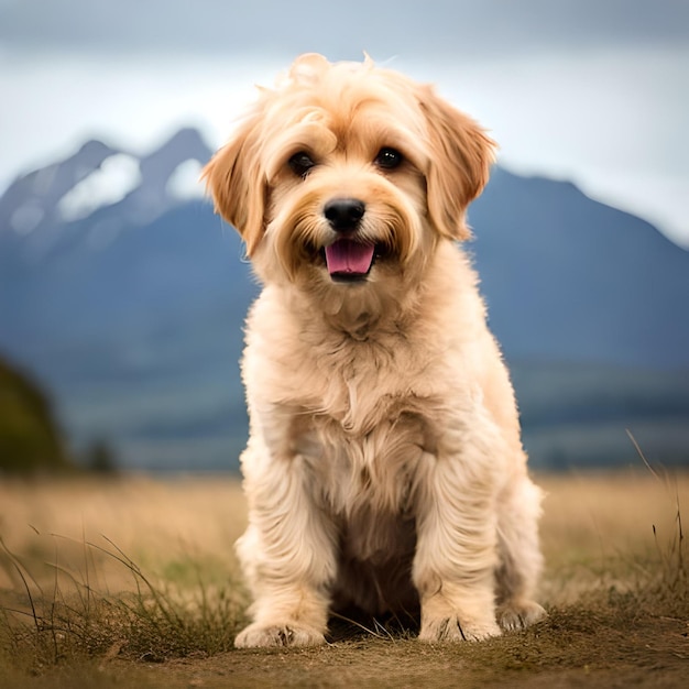 A dog that is sitting in the grass with the mountains in the background.