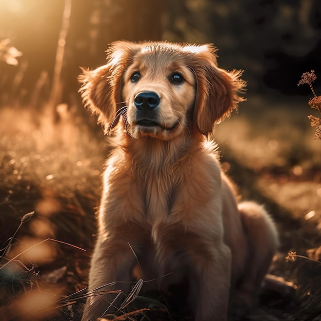 A dog that is sitting in the grass