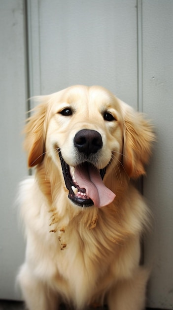 A dog that is smiling and has a tag on his ear.