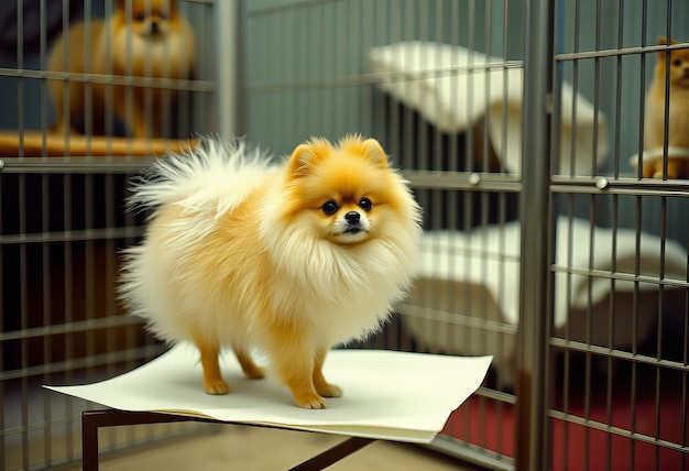 a dog that is standing in a cage