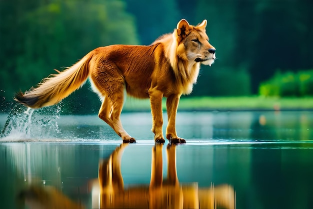 a dog that is standing in the water with the reflection of it