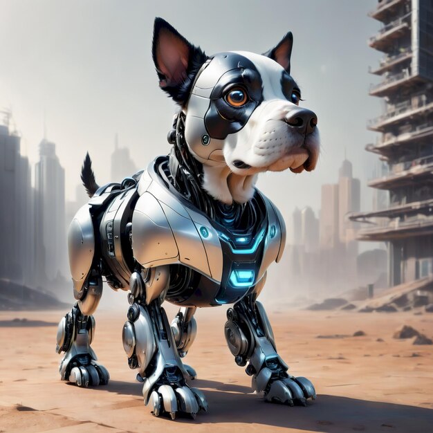 a dog that is wearing a robot suit and has the word robot on it