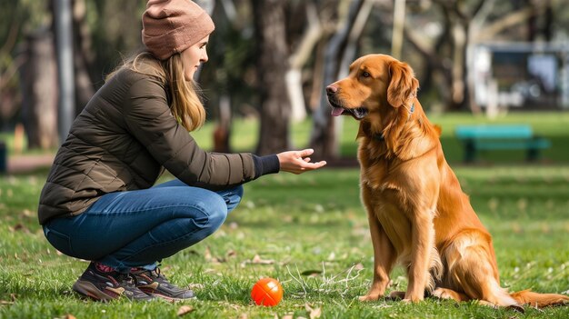 Photo dog trainers working with their dogs in a sunny park setting