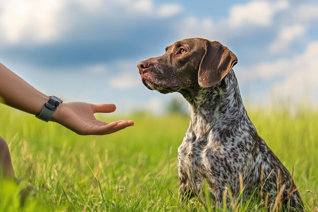 Photo dog training clicker teaching obedience to a german pointer in a summer field