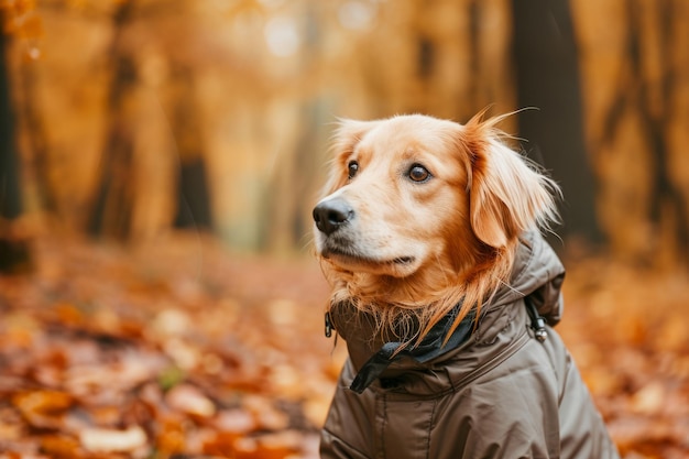 Dog in a trendy raincoat The concept of caring for pets Generative AI