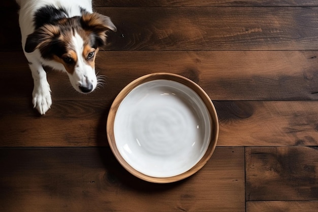 Dog tries to eat from empty ceramic plate on old vintage brushed wooden table with white top view concept