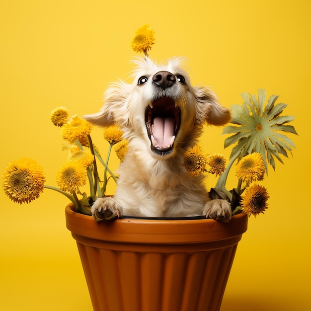 a dog in a tub with a plant pot on it