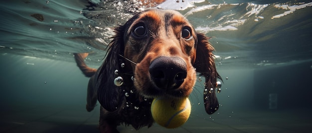 Dog underwater with tennis ball Generative AI