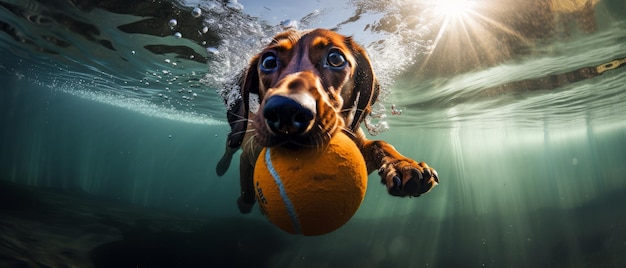 Dog underwater with tennis ball Generative AI