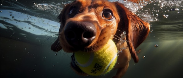 Dog underwater with tennis ball Generative AI