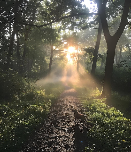 Dog Walking on Sunlit Forest Path