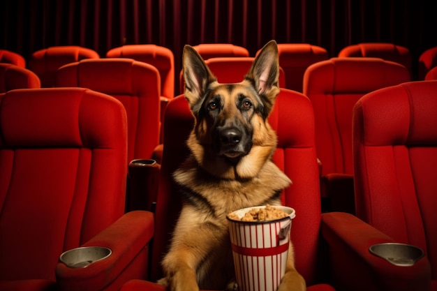 Dog watching a movie in the cinema Funny banner for advertising a pet store or cinema