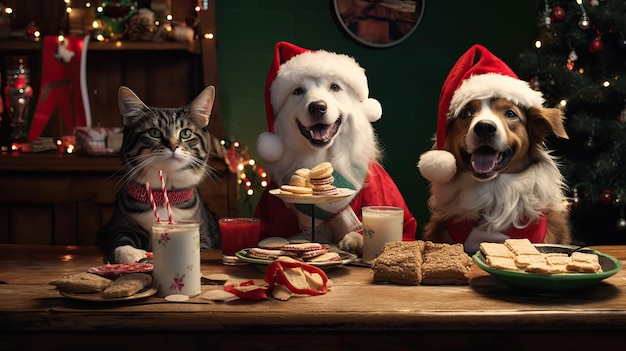 Dog wear Santa hat opening present on party table