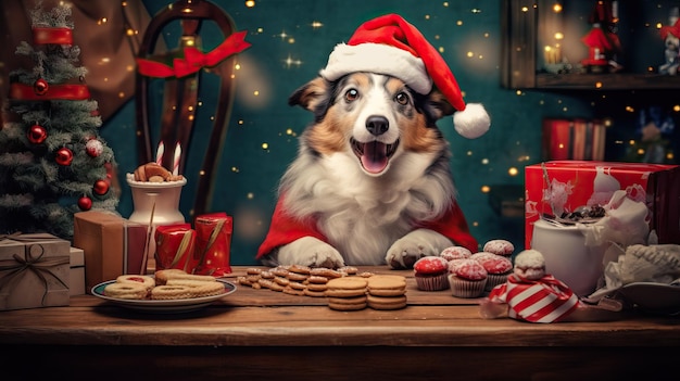 Dog wear Santa hat opening present on party table