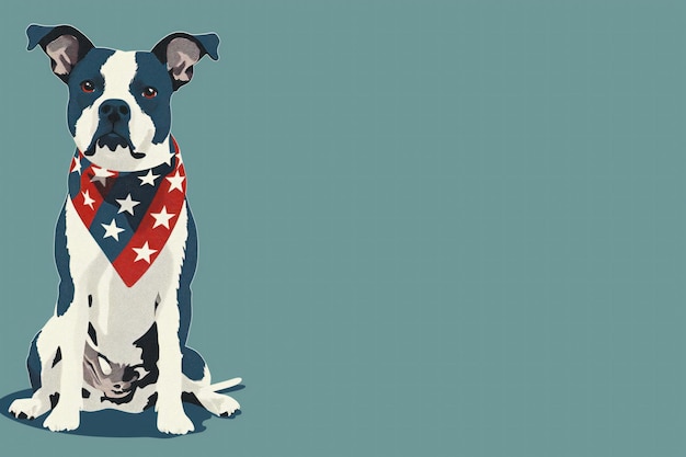 Dog wearing American flag bandana looking at viewer Patriotic theme style flat colors clean