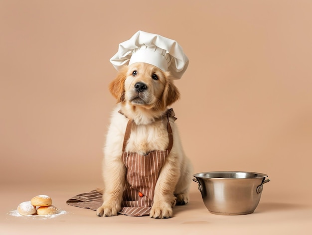 a dog wearing an apron with a chef hat and a pan of cookies