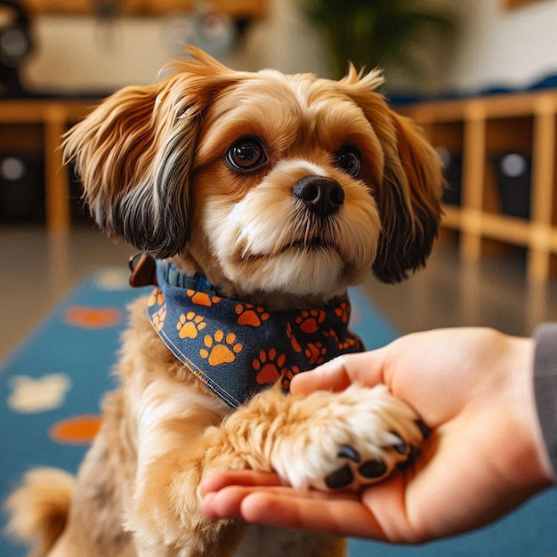 a dog wearing a bandana that says paw prints on it