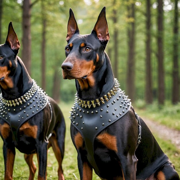 Photo a dog wearing a beaded necklace is standing in the woods