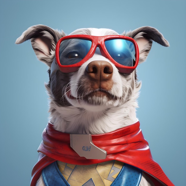 A dog wearing a cape and sunglasses that says super hero.