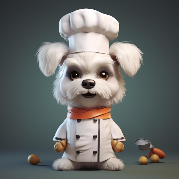 a dog wearing a chef hat and jacket sits on a table