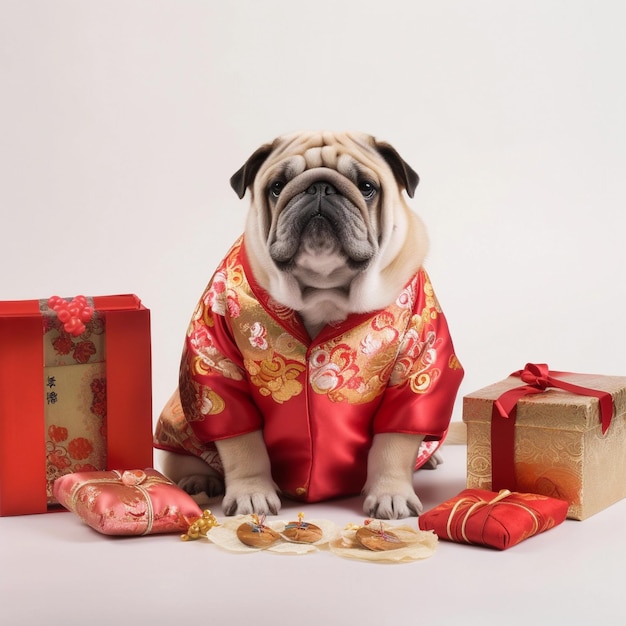 Photo a dog wearing a chinese robe sits next to a box of gifts.