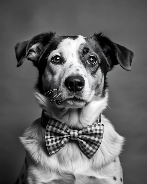 Photo a dog wearing a colorful bow tie posing with a proud expression