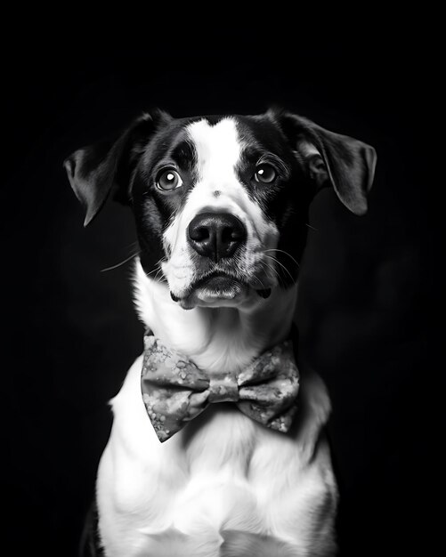 Photo a dog wearing a colorful bow tie posing with a proud expression