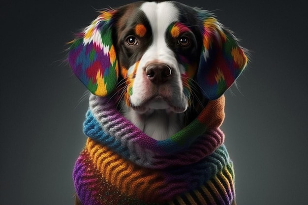 Dog wearing a colorful scarf and knitted collar generative ai