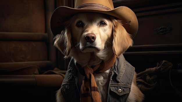 a dog wearing a cowboy hat and vest