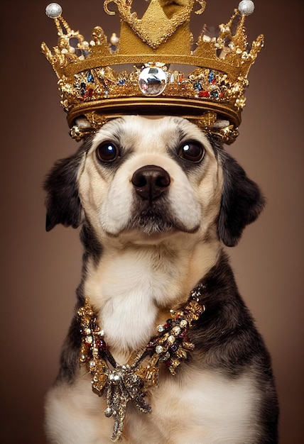 A dog wearing a crown that says'king'on it