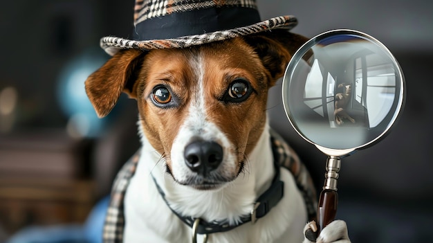 A dog wearing a detective hat and holding a magnifying glass looking intently at the camera