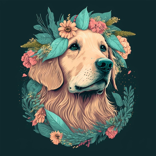 A dog wearing a flower crown is shown.