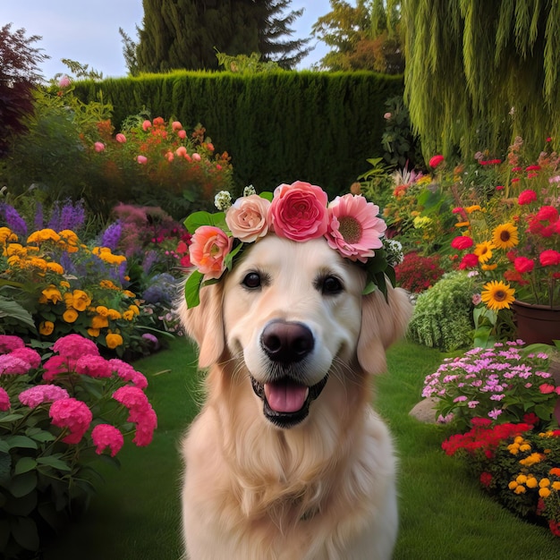 Photo a dog wearing a flower crown stands in a garden with flowers