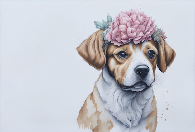 dog wearing flower hat in water colour theme soft background