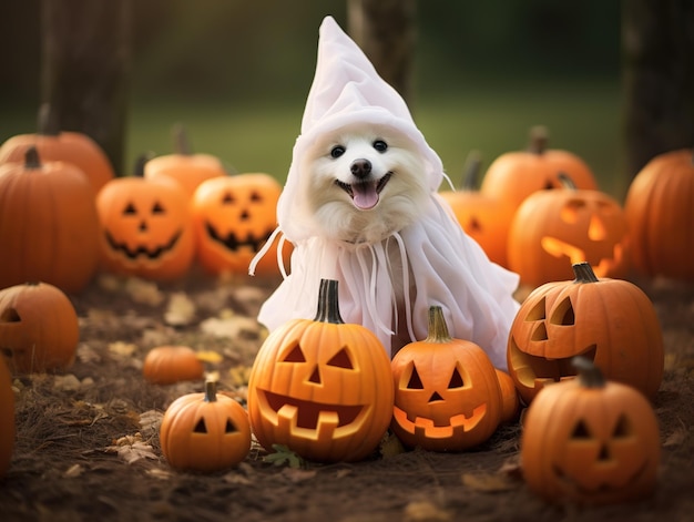 Dog wearing a ghost costume sitting between pumpkins for Halloween in Autumn background