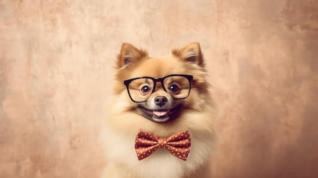 A dog wearing glasses and a bow tie