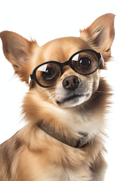 A dog wearing glasses and a collar that says'dog'on it '