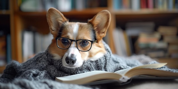 Dog wearing glasses on cozy sweater with open book in library in autumn winter cold heating sweater concept Pet clothing and handmade knitting idea copy space