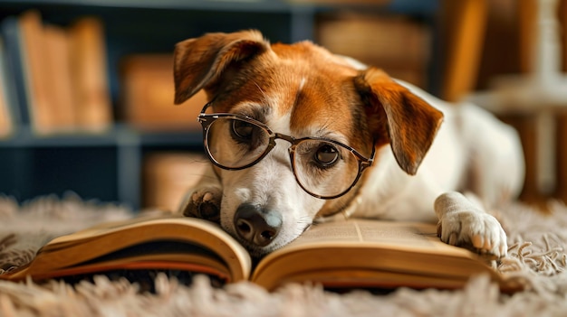 a dog wearing glasses is laying on a rug and is laying on a rug