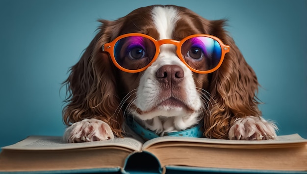 a dog wearing glasses is sitting on a book