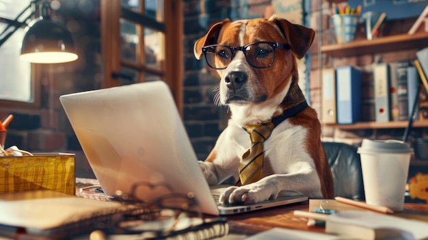 Photo a dog wearing glasses is sitting at a desk with a laptop and a cup of coffee