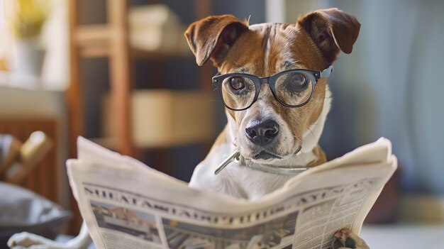 Photo a dog wearing glasses reads a newspaper