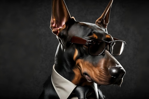 A dog wearing glasses and a shirt that says doberman on it.