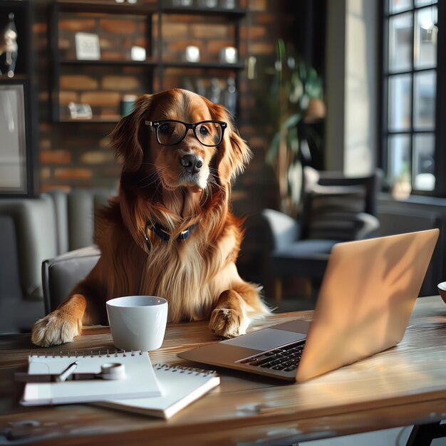 Photo a dog wearing glasses sits at a table with a laptop and a coffee cup