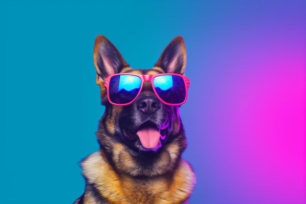 A dog wearing glasses that say German Shepherd