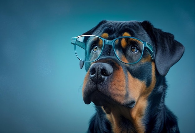 A dog wearing glasses that say rottweiler