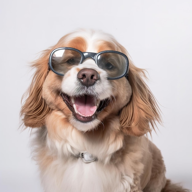 A dog wearing glasses that say's on it