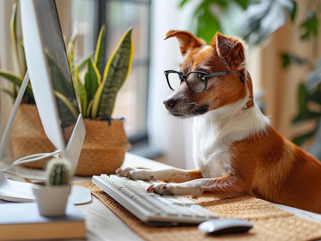 Photo dog wearing glasses using keyboard