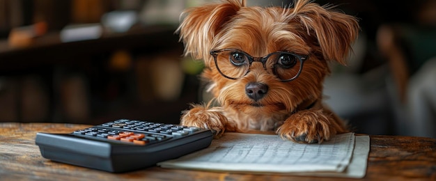 Photo dog wearing glasses with calculator on desk