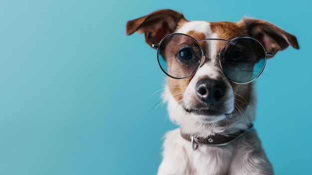 a dog wearing glasses with a collar that says dog